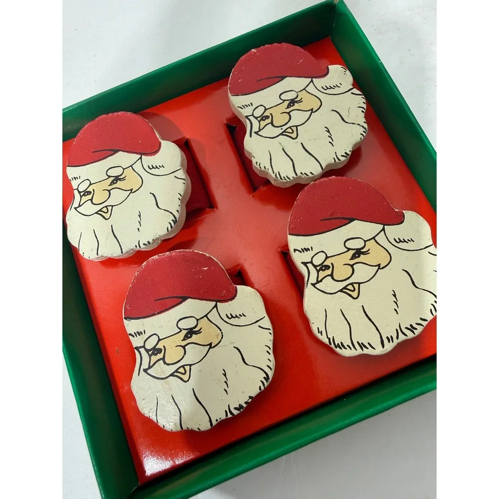 Vintage Hedaya Brothers Santa Claus Wood Napkin Rings Set of 4 Original Box